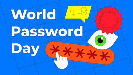 World Password Day vector illustration isolated on blue background. Security eye concept, key icon in speech bubble and password strength round sticker. Flat thin line style.