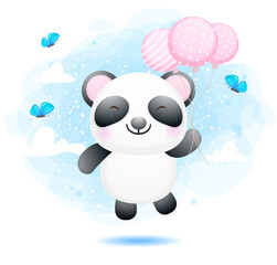 Cute baby panda flying with balloon cartoon character Premium Vector