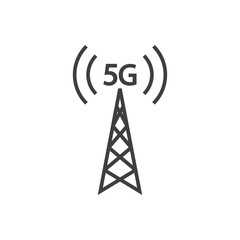 Logotipo de red inalámbrica o wifi de alta velocidad. Texto 5G con torre de antena con olas de color gris