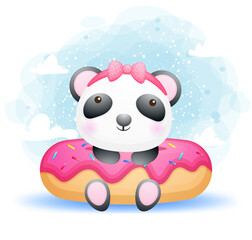 Cute doodle baby panda girl with big donut Premium Vector