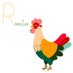 Educational Cartoon Vector Illustration Hand drawn English letter R. Alphabet with rooster. Animal Character for children design.