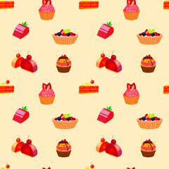 Vector pastry seamless pattern with cakes, pies, tarts, with pink strawberry topping. Vector sweet bakery products. Vector pattern  with cakes bakery top view frame. Bakery shop vector pattern.