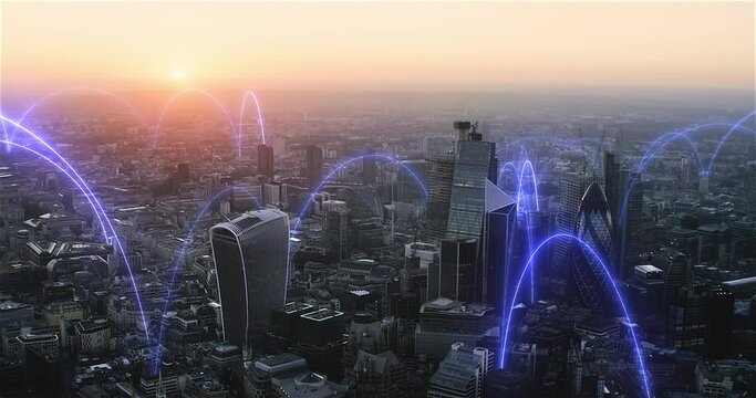 Smart city and communication network concept. Holographic arches over a futuristic aerial view of London, England. Augmented reality. Shot in 8K.