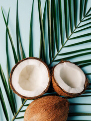 Creative layout with coconuts and palm leaves on blue background. Minimal tropical summer concept. Flat lay, top view.