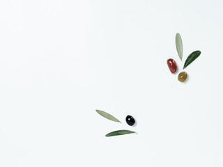 Olives tree leaves and fruits on white background. Top view or flat lay. Olives isolated on white with copy space