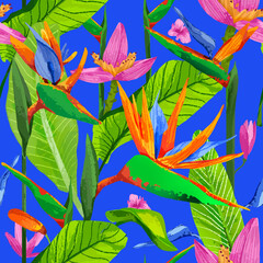 Tropical leaves and exotic flowers. Seamless jungle pattern. Bird of paradise flowers on bright background