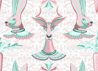 Seamless vector pattern of gems similar to diamonds, goat, rabbit and carrot. Original trendy texture background with unusual characters