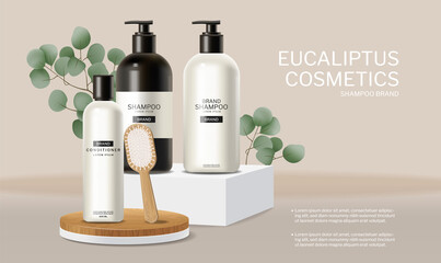 Hair care set cosmetics vector realistic. Shampoo, oil, butter and conditioner. Product placement mock ups