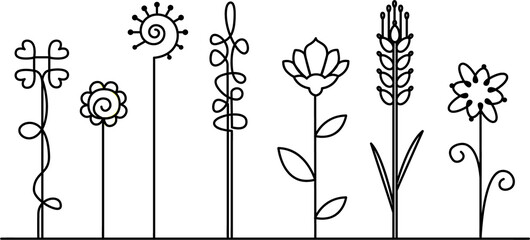 A set of decorative flowers drawn with a single line. Vector coloring book with colors. Design of a single line silhouette of flowers. Editable line. set of flowers, set of silhouettes of flowers