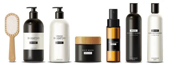 Hair care set cosmetics vector realistic. Shampoo, oil, butter and conditioner. Product placement mock ups © castecodesign