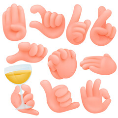 Set of cartoon human hands. Cartoon and vector isolated objects. Collection of various gestures ok,shaka, good luck