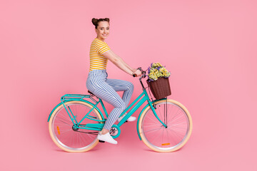 Full size profile photo of optimistic nice brunette ride bicycle wear t-shirt pants isolated on...