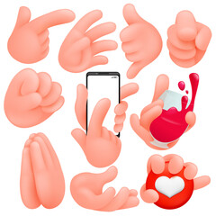 Set of cartoon human hands. Cartoon and vector isolated objects. Collection of various gestures.