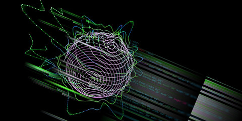 Abstract polygonal background with wireframe code sphere and blurred lines.  Business, technology and science futuristic concept. Big data.