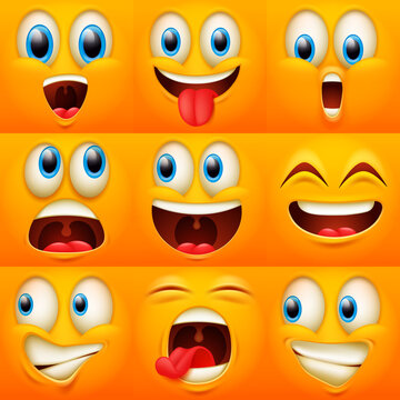 Emoji faces. Funny face expressions, caricature emotions. Cute character with different expressive eyes and mouth,