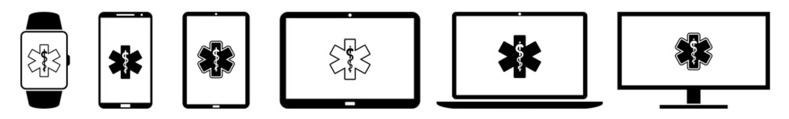 Display emergency, medical, services, ems, ambulance, paramedic Icon Devices Set | Web Screen Device Online | Laptop Vector Illustration | Mobile Phone | PC Computer Tablet Sign Isolated