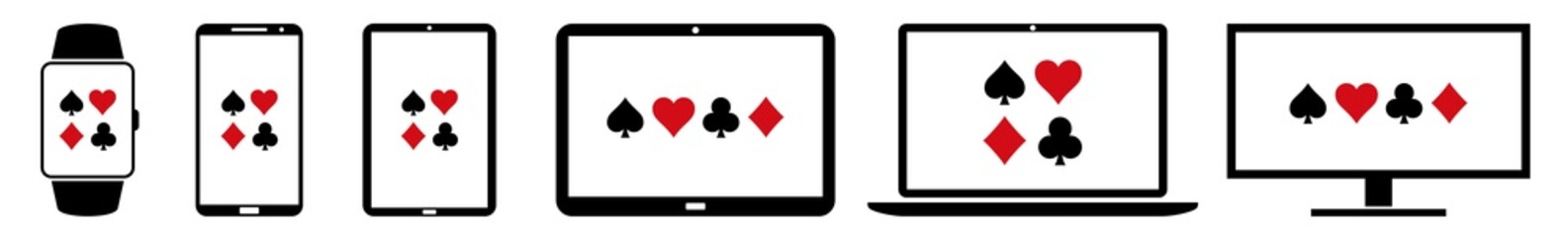 Display gambling, casino, playing, card, symbols, spade, diamond, heart, cross Icon Devices Set | Web Screen Device Online | Laptop Vector Illustration | Mobile Phone | PC Computer Tablet Sign