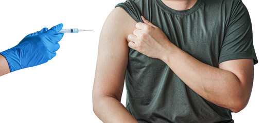 Close up of a doctor holding vaccine syringe to injection to the patient in medical isolated on white background , Covid-19 or coronavirus vaccine