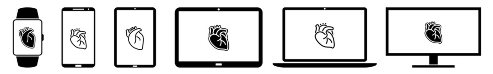 Display heart, cardiac, cardio, pathologic Icon Devices Set | Web Screen Device Online | Laptop Vector Illustration | Mobile Phone | PC Computer Smartphone Tablet Sign Isolated
