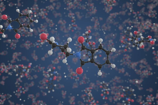 Molecule of thalidomide, ball-and-stick molecular model. Scientific 3d rendering