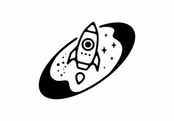 Black line art illustration of rocket in tilted oval shape