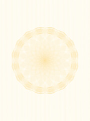 Light beige openwork guilloche for certificate, diploma, passport, gift card. Pastel round watermark design. Line art pattern. Vector abstract background, subtle curves. Elegant template A4. EPS10