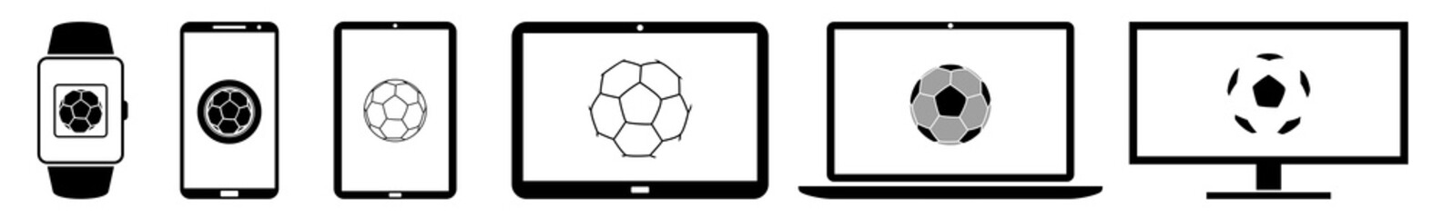 Obraz premium Display soccer, football, ball, team, sport, game, cup, league Icon Devices Set | Web Screen Device Online | Laptop Vector Illustration | Mobile Phone | PC Computer Smartphone Tablet Sign Isolated