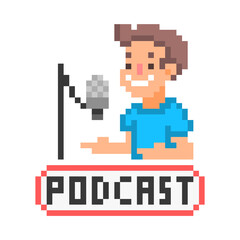 Happy smiling man hosting podcast, 8 bit pixel art icon isolated on white background. Guy streaming online show. Radio personality broadcasting live. Vintage retro video game graphics.