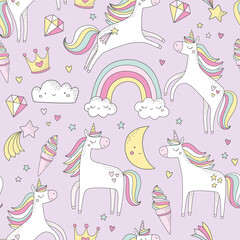 Cute Unicorn vector pattern with rainbows, clouds, ice cream, crown. Baby girl, teen room decor, fabric, poster, clothing. 
