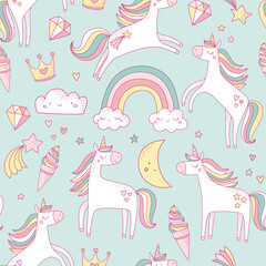 Cute magic unicorn vector pattern. Fairytale girly seamless print design for room decor, clothing, accessories, stationery, giftware. 