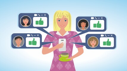 Woman getting likes on her mobile phone during coffee break. Vector illustration. EPS10. Dimension 16:9.