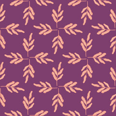 Geometric foliage seamless pattern with light orange leaves on purple background. Abstract floral backdrop.