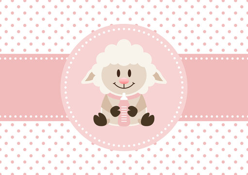 Babykarte Mädchen Schaf Mit Flasche Punkte Rosa Weiß