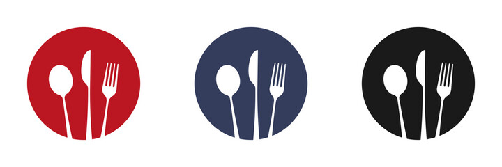 Dishes. Spoon, fork, knife and plates icons set, menu logo, cutlery silhouette. Vector illustration.