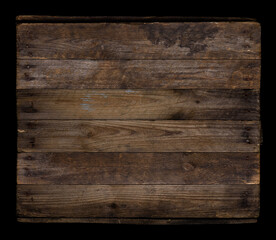 Wood texture isolated on black. Blank weathered rustic wood background from old planks with nails.
