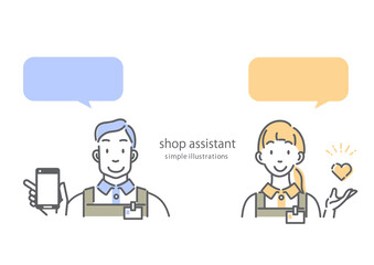 エプロン姿のスタッフ男女　シンプルでお洒落な線画イラスト素材