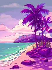 Fotobehang Violet Tropisch strand. Zeegezicht, oceaanlandschap. Hand getekende illustratie. Potloodtekening achtergrond