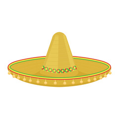 Mexican sombrero. A traditional headdress in Mexico that protects the head and shoulders from the sun and rain. Vector illustration isolated on white background.