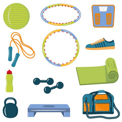 Set of sports items for fitness and sports, color isolated vector illustration
