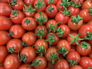 Red small cherry tomatoes, close-up. Background texture: ripe tomatoes with green twigs. Juicy vegetables, bright red.