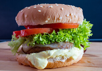 Hamburger on a cutting board. Side view. Close-up