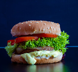 Hamburger on a black background. Close-up