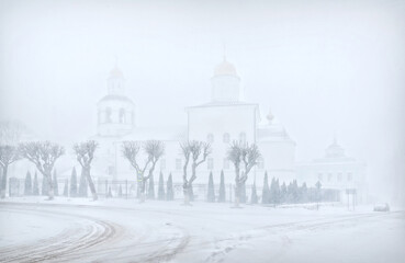 Ascension Monastery in a severe blizzard in Smolensk