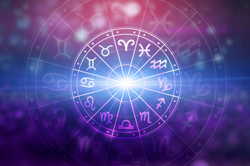 Obraz na płótnie Canvas Zodiac signs inside of horoscope circle. Astrology in the sky with many stars and moons astrology and horoscopes concept