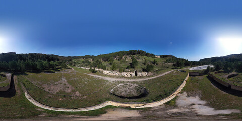 360 degree aerial photo of the Floristella Grottacalda mining park. Sicilian mining park. Pinnisi Palace. Sicily. Italy.