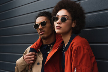 young african american woman posing with stylish man in sunglasses outside