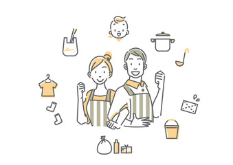 協力的な夫婦のシンプルでお洒落な線画イラスト　家事アイコン © fumi