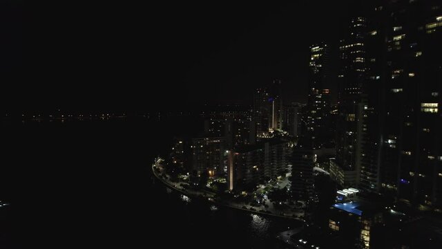 Night aerial swooping shot Brickell Miami