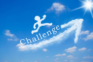 Fototapeta 青空にジャンプする人の形をした雲
人がチャレンジするときに飛躍するイメージ
 obraz