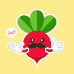 Cute and kawaii beet vegetable character. Vector hand drawn cartoon funny character illustration icon. Isolated on color background. Beet vegetable character concept. vegan vegetarian food